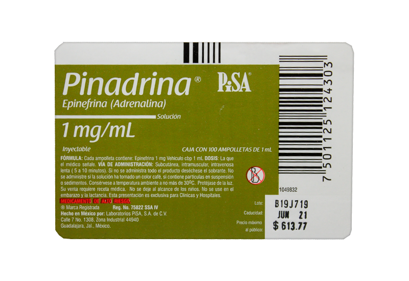 Pinadrina Epinefrina (Adrenalina) Pisa 100 ampolletas 1mg / 1ml - Farmacia  en línea de alta especialidad con envío gratis a domicilio | Farmacia Fespro